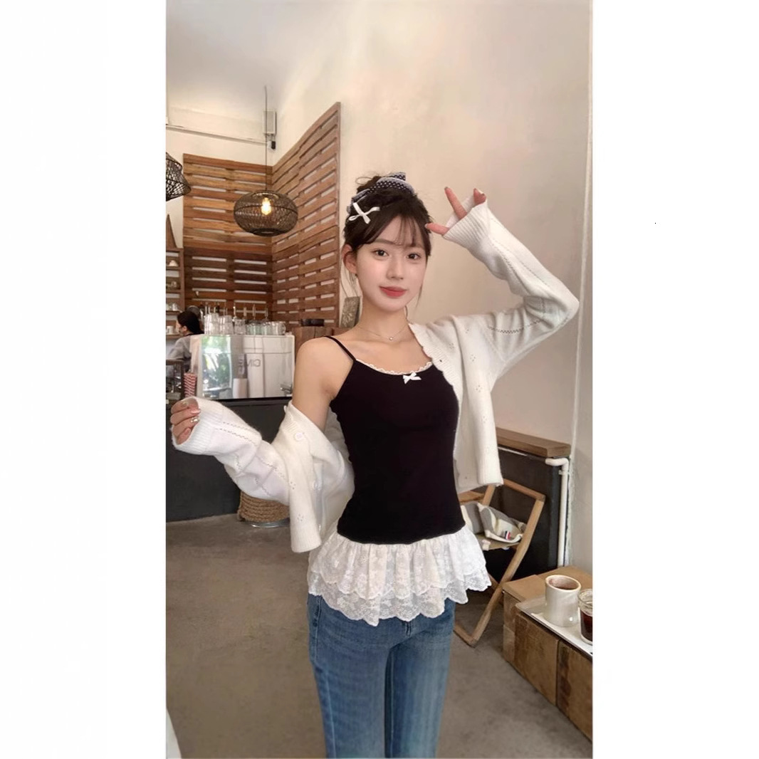 White Camisole Vest Women In Spring And Summer Slim Fit Outer Layered For Inner Wear Ballet Style Hem Lace Base Top