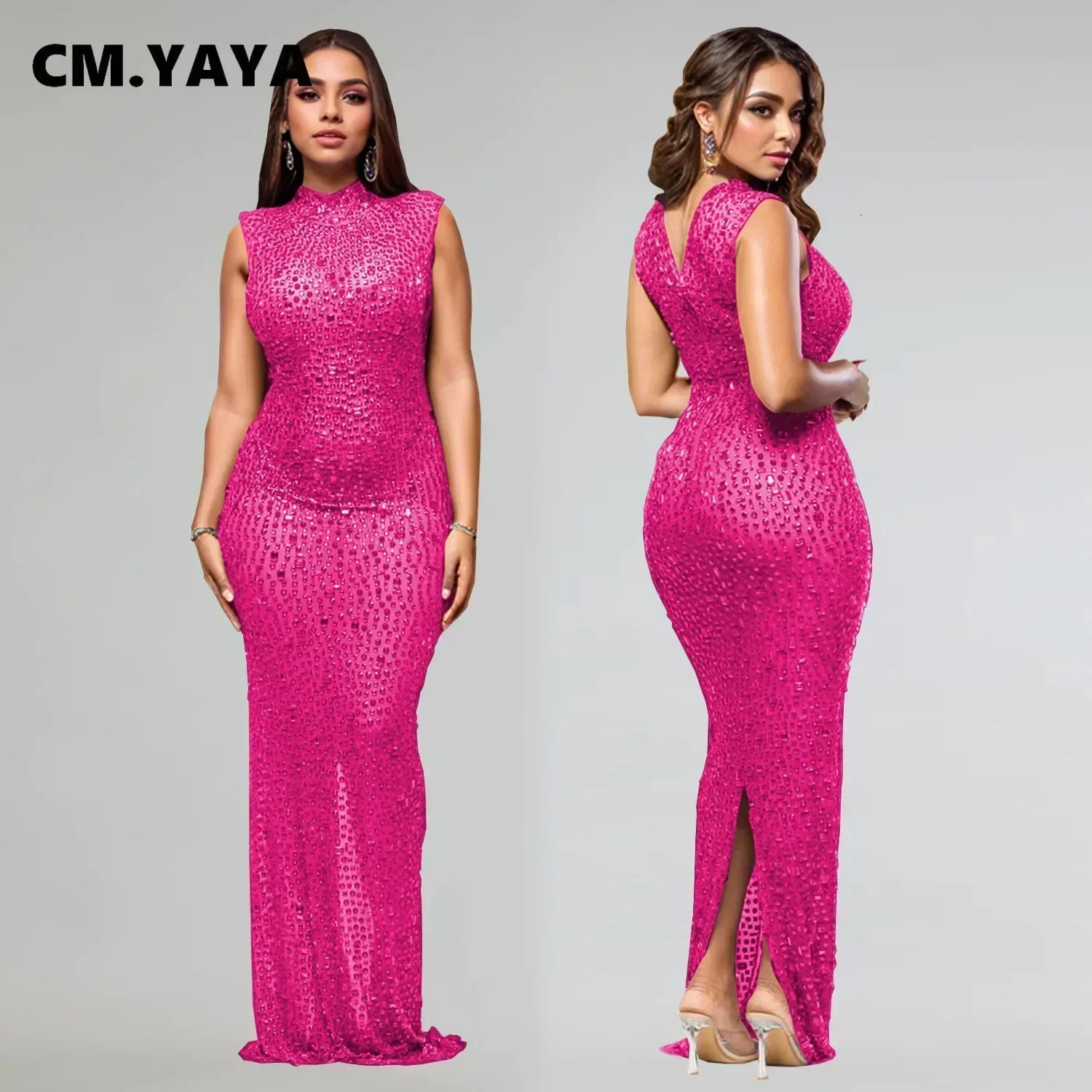 CM.YAYA Fall Diamonds Rhinestones O-neck Women Sleeveless Bodycon Long Dress Birthday Party Evening Prom Maxi Dresses 250322