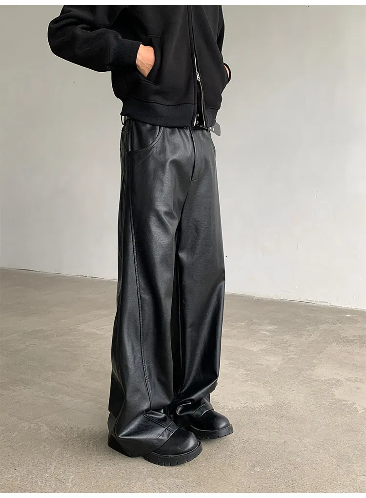 PU Leather Pants Men Straight 2025 Spring Mens Punk Fashion Hip Wideleg Mopping Trousers Windproof Dark BrownBlack 250318