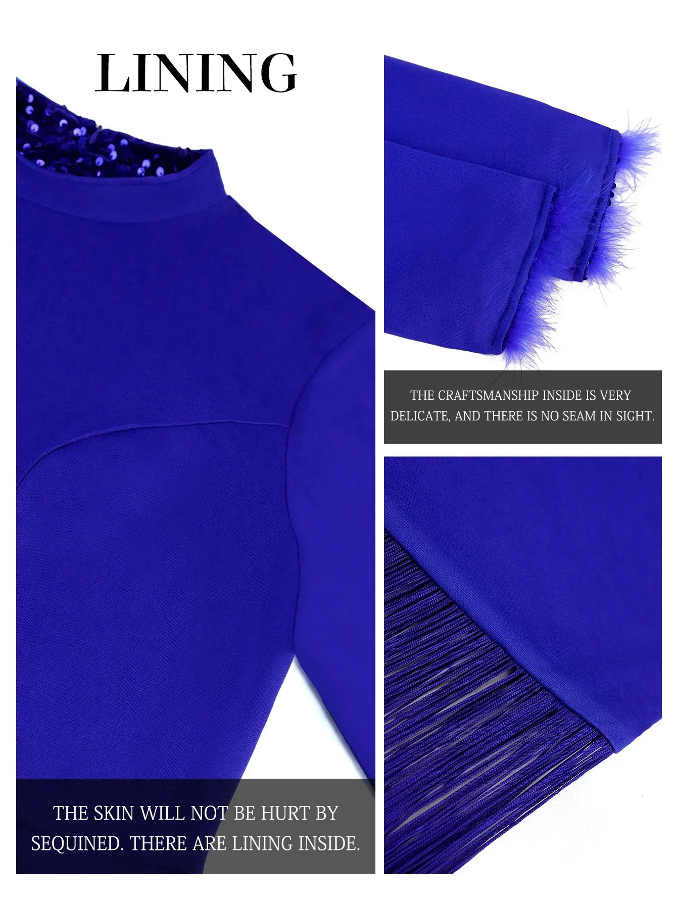 Vintage Blue Sequin Dress Fringe Hem Mock Neck Long Sleeve with Feather Glitter Velvet Fitted Prom Evening Cocktail Event Gowns 250320