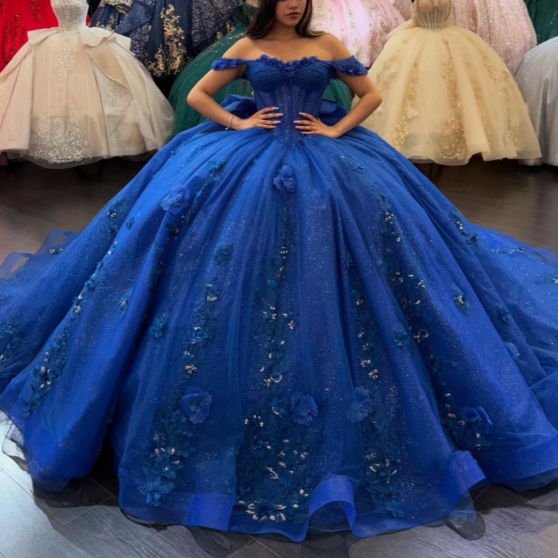 Royal Blue Shiny Quinceanera Dresses Off Shoulder Ball Gown Sweet 16 Dress Beads Appliques Flower Tull Corset Birthday Party Vestidos De 15 Anos