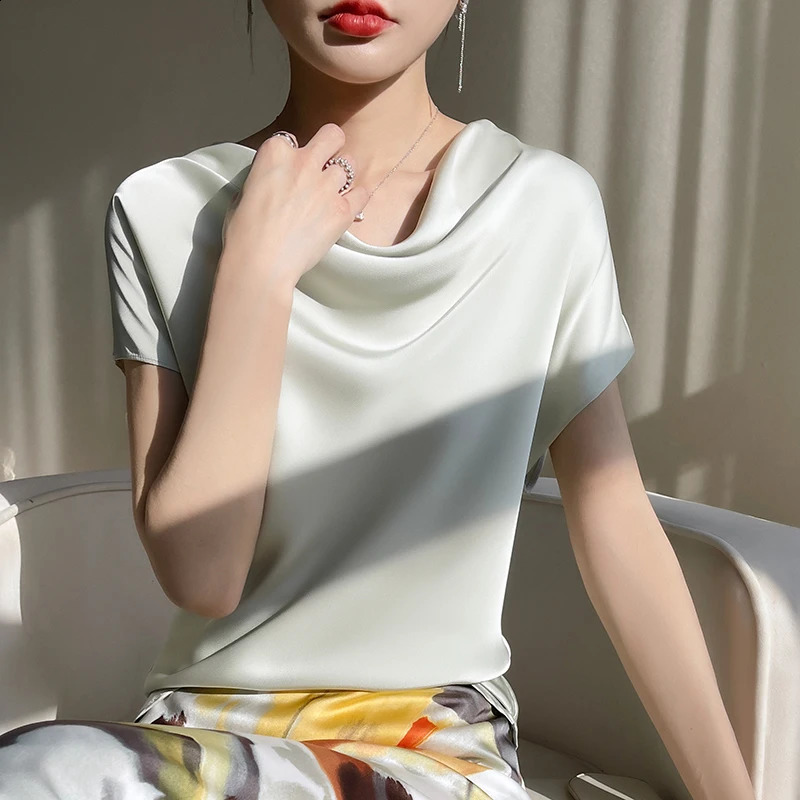 Silk Womens T-Shirts Summer Crew Neck Short Sleeve Tees Casual Solid Color Bottom T-Shirt Loose Female Tops Pullover Clothe 5XL 250322
