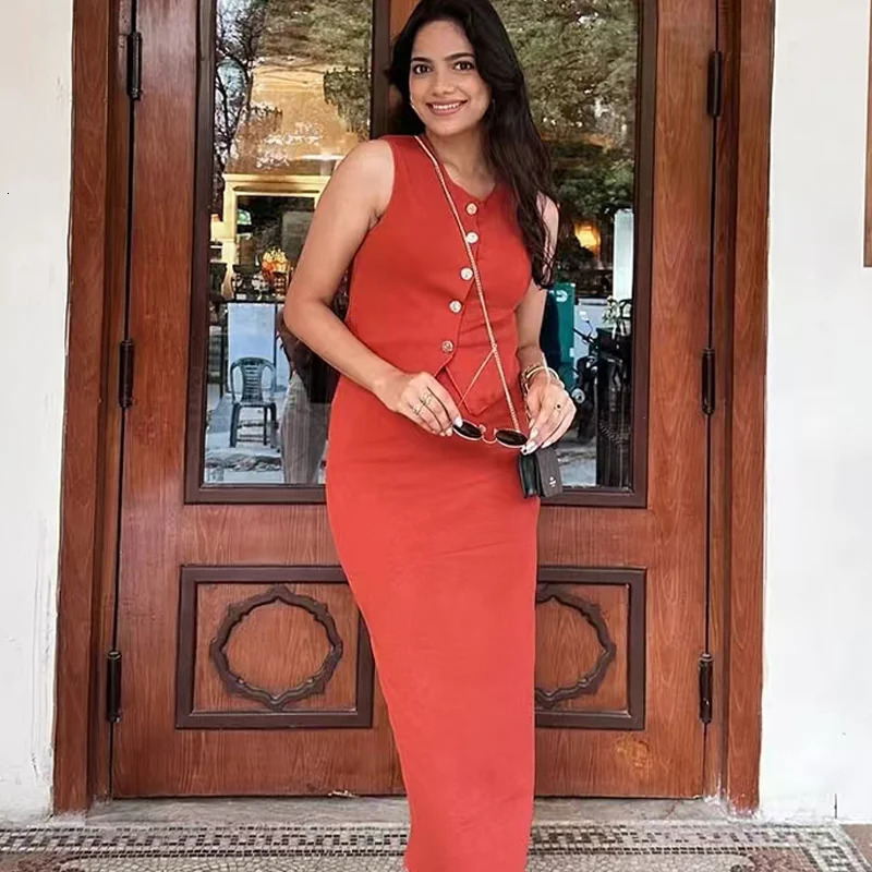 HXAO Womens 2piece Set Knitted Solid Skiing Sleeveless Gold Tshaped Tank Top High Waist Ultra Thin Clothes 250322