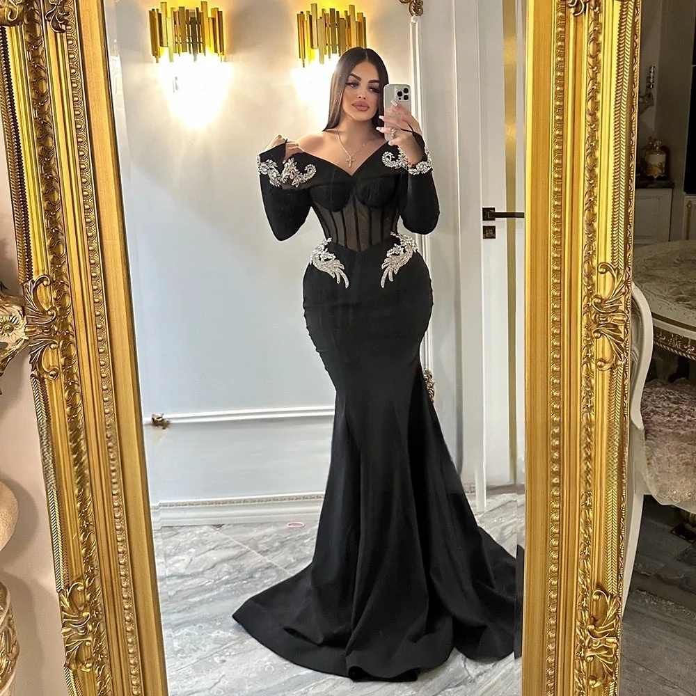 Modest Black Evening Dresses Long Sleeves Appliqued Beads African Women Formal Party Gowns 2025 Night Prom Dress Customized