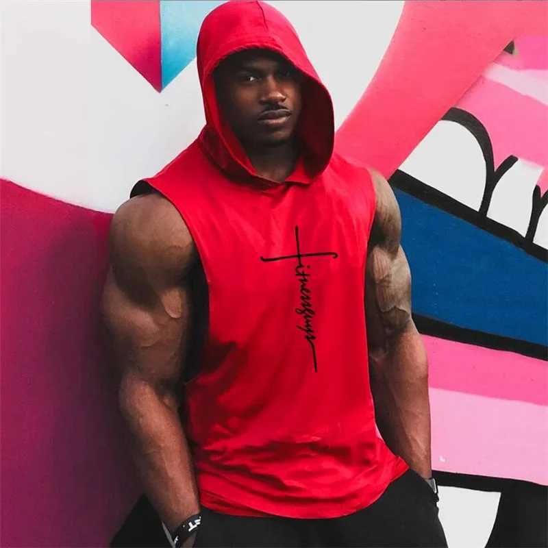 Muscle fitness mens gym clothing mens fitness hooded vest mens sleeveless running vest sportswear X250324