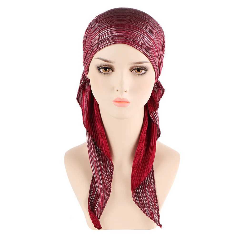 Shining elastic solid color pre tied scarf wrapped in Muslim headscarf for warm inner hat turbo hat drone X250324