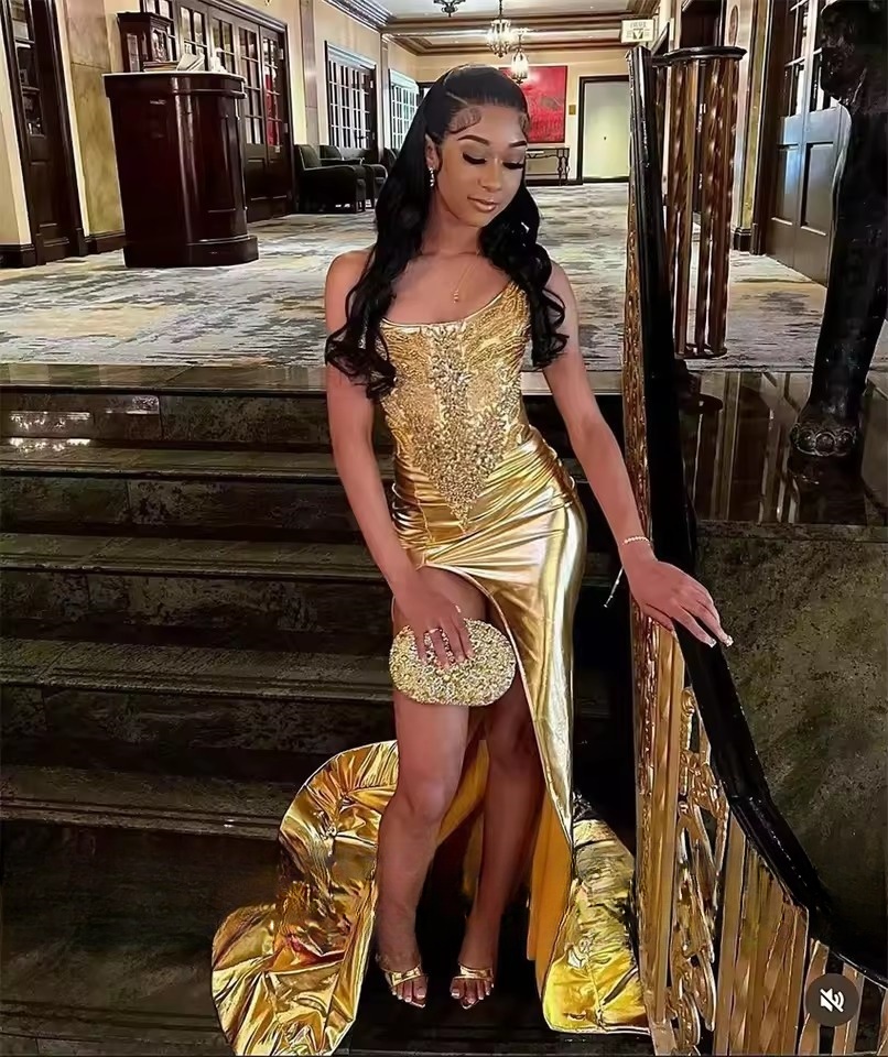Sparkly Gold Dias Long Prom Dresses 2025 Beads Rhie Crystal Birthday Party Gown tail Reception Lace-Up Customized