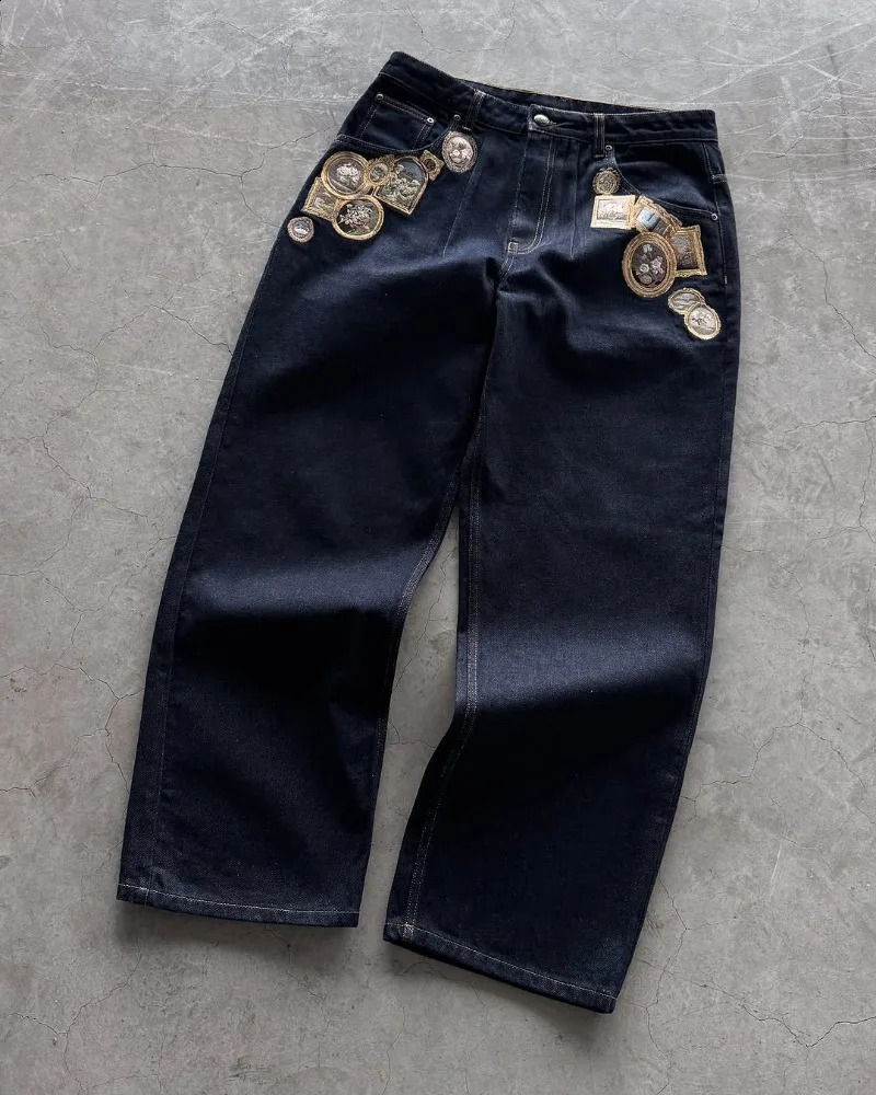 Harajuku Y2K Denim Jeans Men American Retro Badge Cherry Blossom Print Baggy Straight Wideleg Pants Trendy Streetwear Women 250324