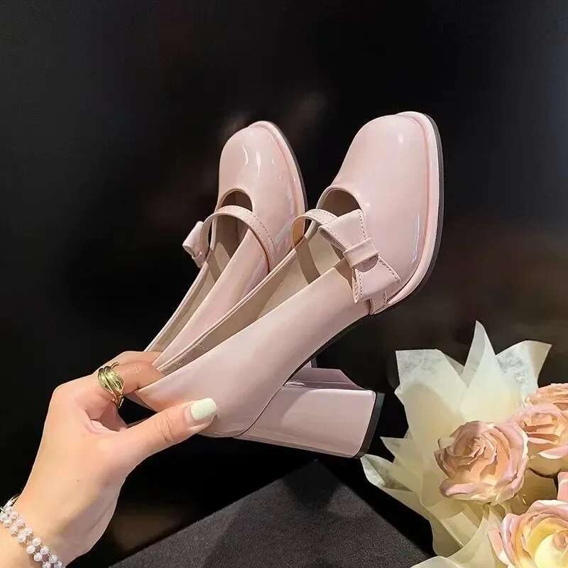 Sheepskin Edition~French Marilyn Women's sandals Spring/Summer Pink Bow Round Toe Single Shoes Thick High Heels