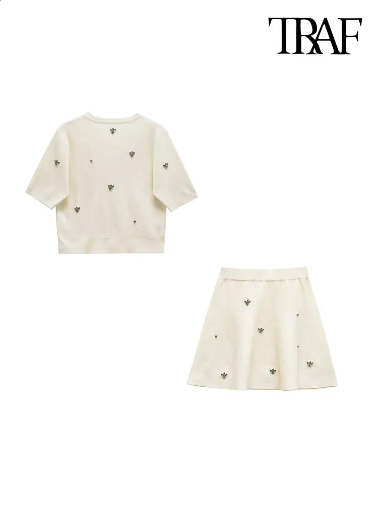 TRZA Women Fashion Jewel Bead Knit Top And High Elastic Waist Mini Skirt Female Two Piece Sets Mujer 250324