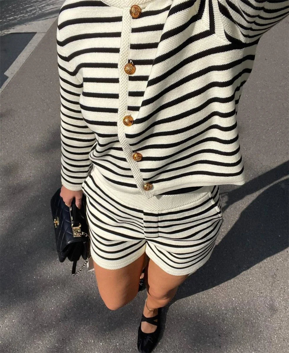 Womens Fashion Casual Knitted Sweater Cardigan Stripe Round Neck Long Sleeve Crop Tops Knit Shorts Set Chic Female Clothing 250322