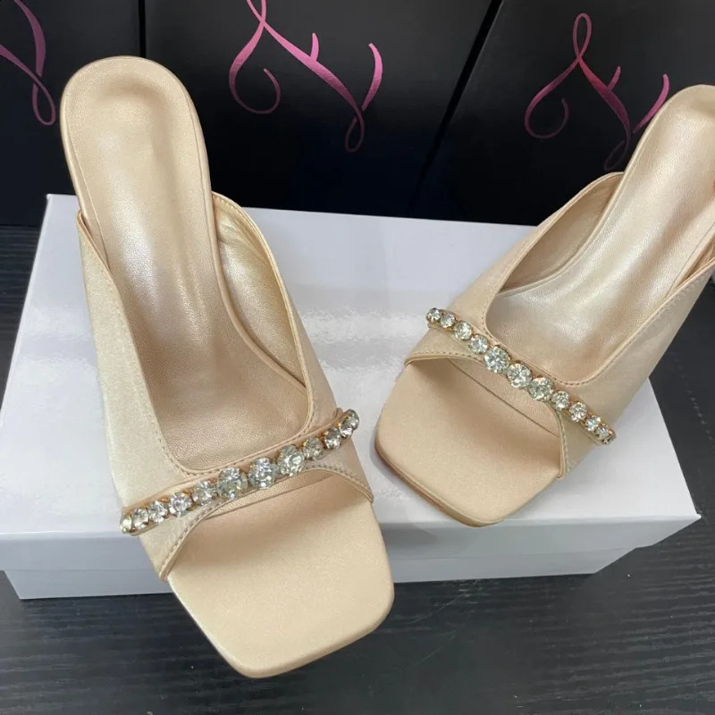Summer Womens High-heeled Sandals Sexy Rhinestones Slippers Satin Square Toe Open Toe Stiletto High-heeled Mules 250322