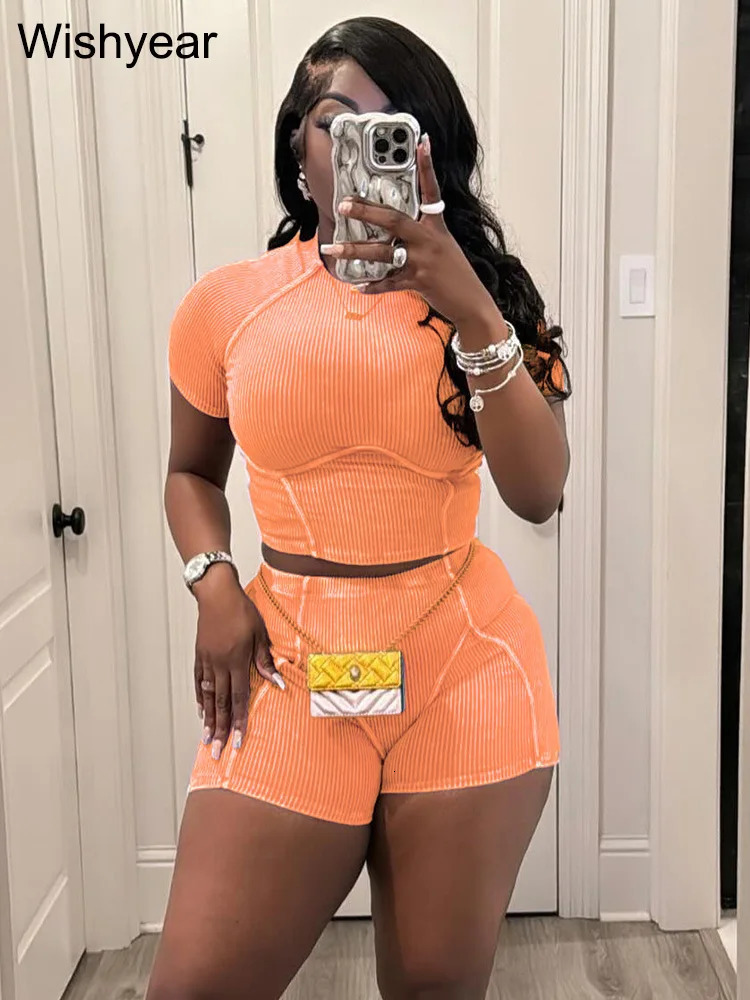 Casual black knitted ribbon short sleeved crop top and shorts two-piece sportswear for female cyclists track and field clothes for birthdays and summe