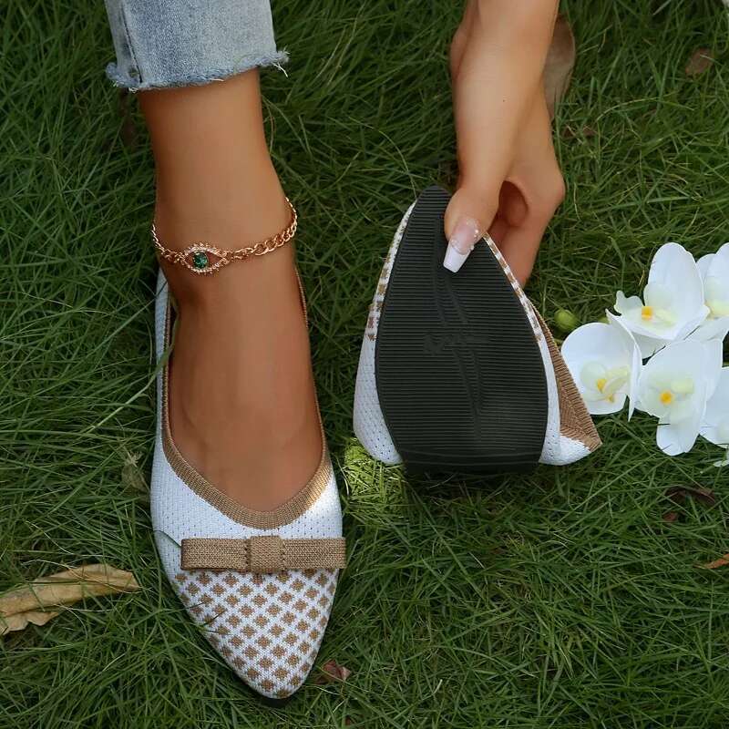 New Woman's Knitted Skateboard Breathable Comfortable Bow Style Walking Shoes Casual Toes on Flat