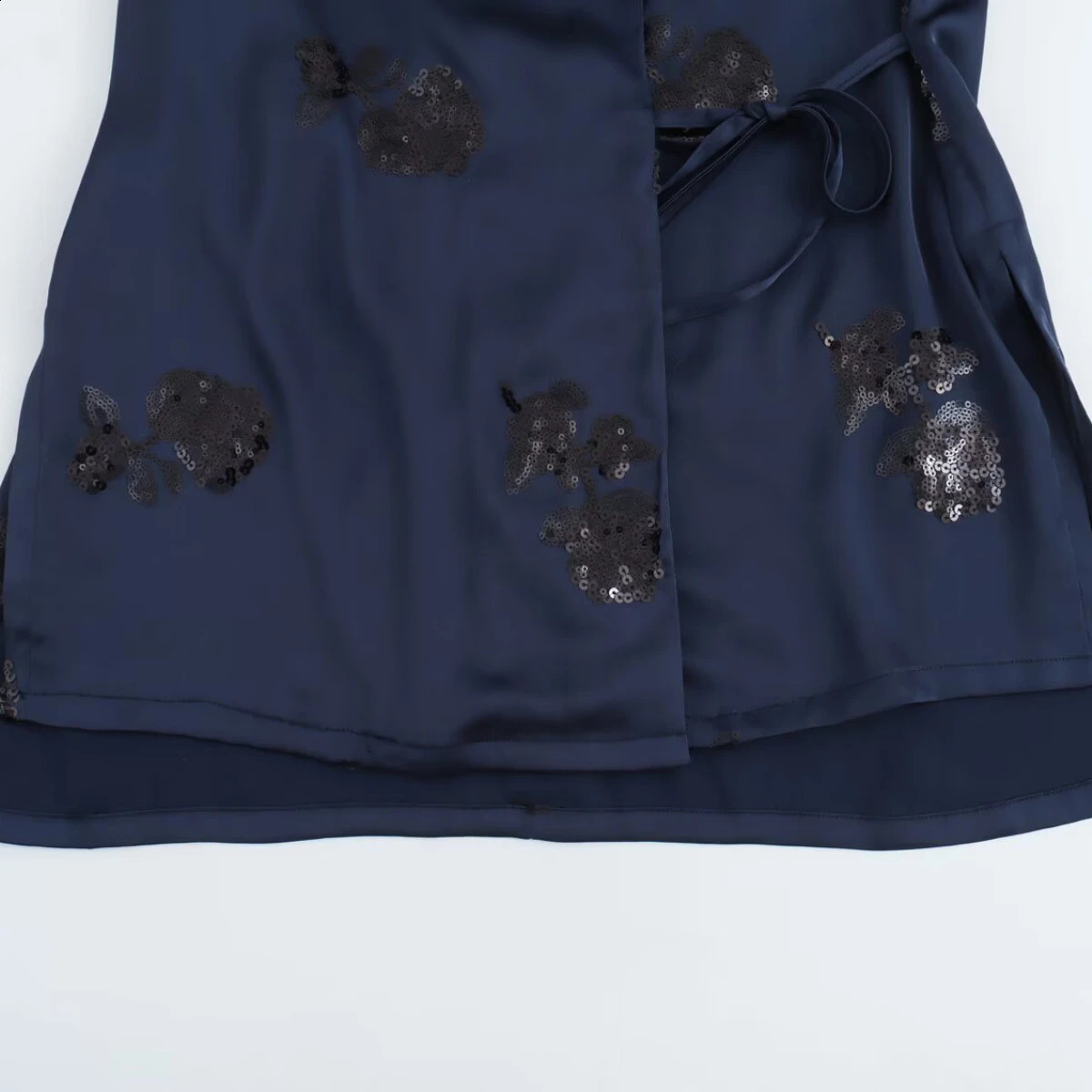 ZBZA Womens Sequined Kimono Long-sleeved Lapel Tie Side Slit Top High Waist Zipper Straight Pants Spring Summer Chic Suit 250324