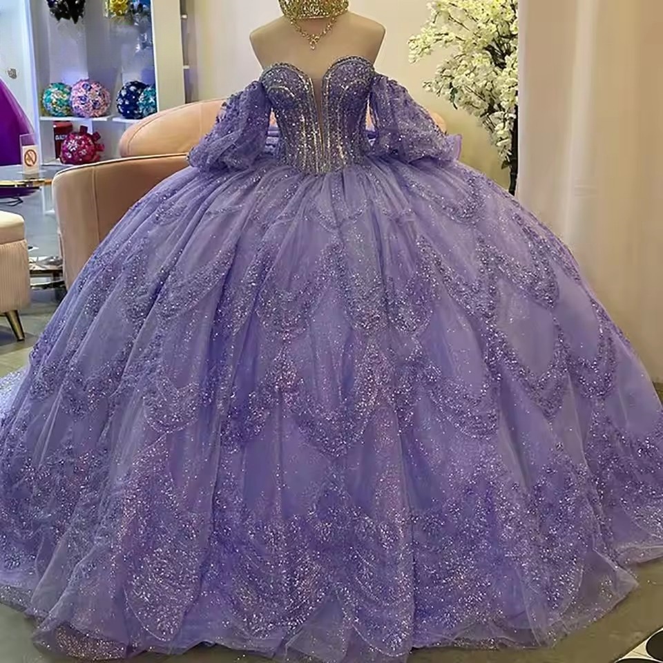 Lilac Long Sleeve Bow Ruffles Quinceanera Dresses 2025 Ball Gown Glitter Crystal Sequined Sweet 15 Anos Mexican Customized