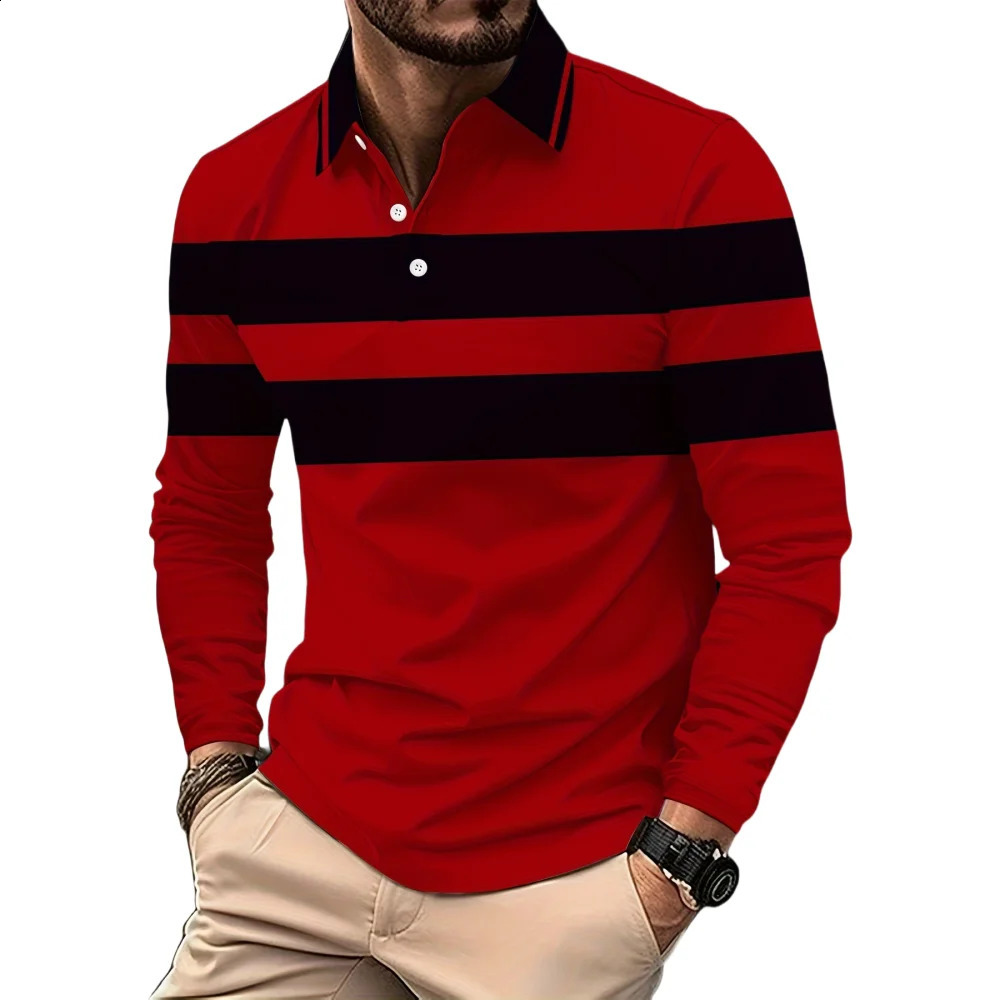 Vintage Stripe Print Mens Polo Shirts Fashion Lapel Golf Wear TShirt Tops Street Sports Long Sleeve T Shirt Clothing 250311