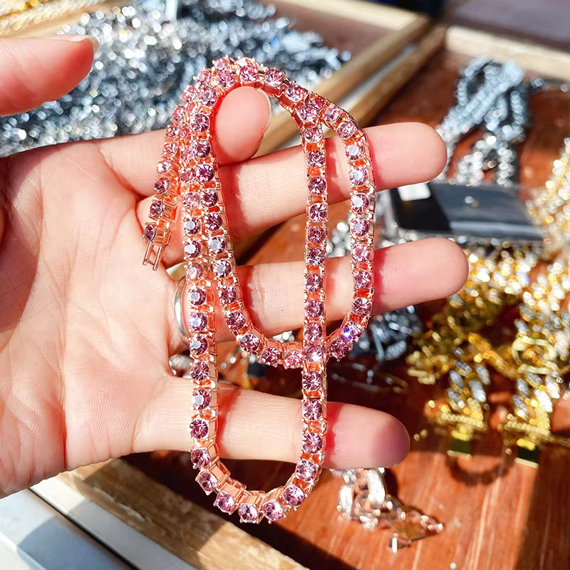 Moissanite necklace 4mm Custom Color pink Cute Young Style Durable Cuban Chain Chocker Necklace rainbow Colorful Zircon Pave Tennis Chain