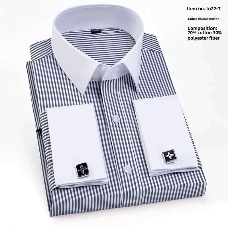 2025 mens French cufflink shirt ultra-thin fit color collar business dress mens long sleeved striped shirt collar X250324