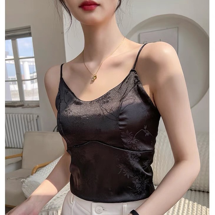 Chinese Style Jacquard Satin Camisole Vest With Women's High-end Feel Chest Cushion Inner And Outer Wear Short Bottom Top For Women