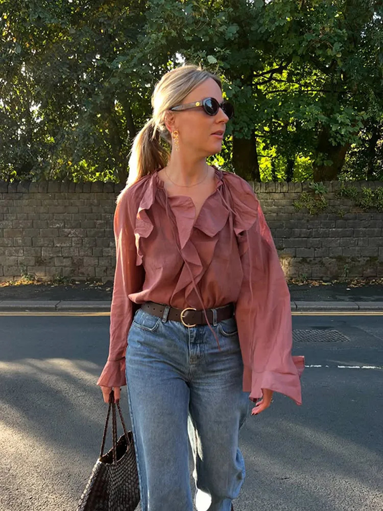 Elegant pleated lace V-neck loose sheer shirt suitable for womens casual solid pleated pullover womens fashionable spring high street top 250322