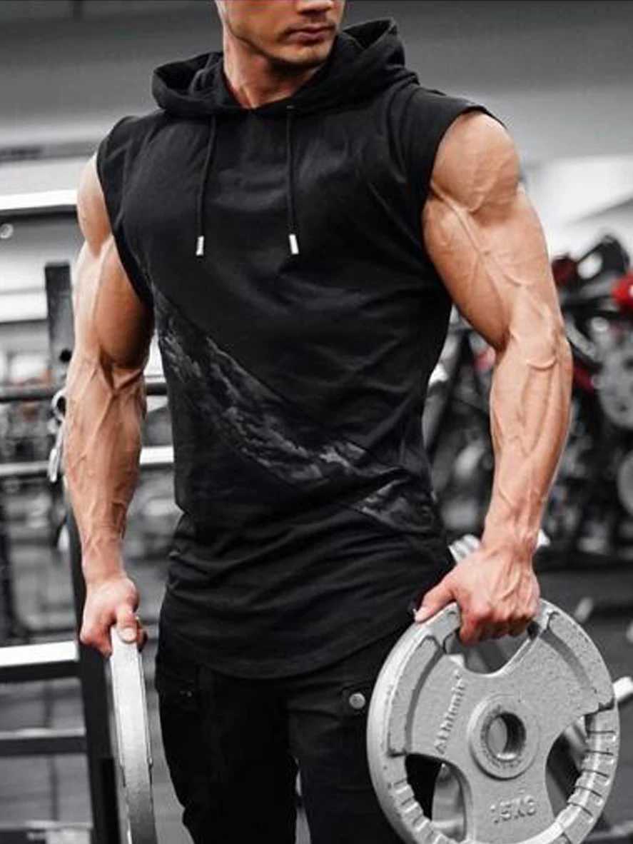 Mens leisure sports vest fitness show muscle mens sports leisure running training clothes sleeveless hooded sweatshirt outdoor street X250324