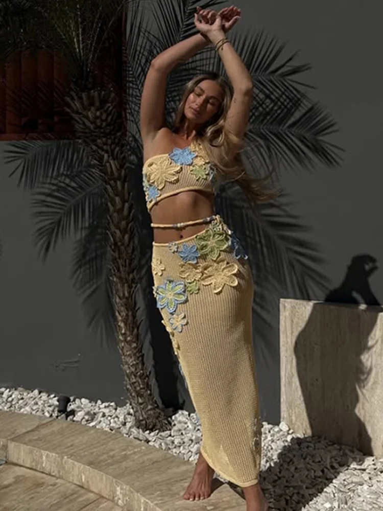 Crochet Knit Corsets Top Skirt Set Women Colorful Flowers Hollow Out Backless Crop Vest Top Midi Skirts Lady Suits Vacaion Beach 250324