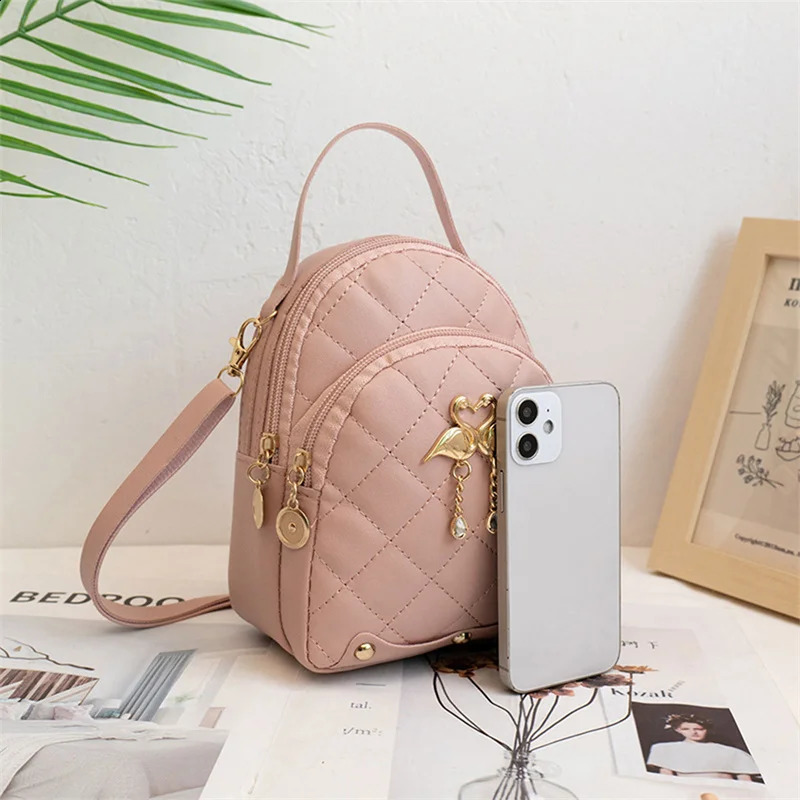 Diamond shaped student double-layer backpack womens fashionable swan tassel pendant mini backpack 250318