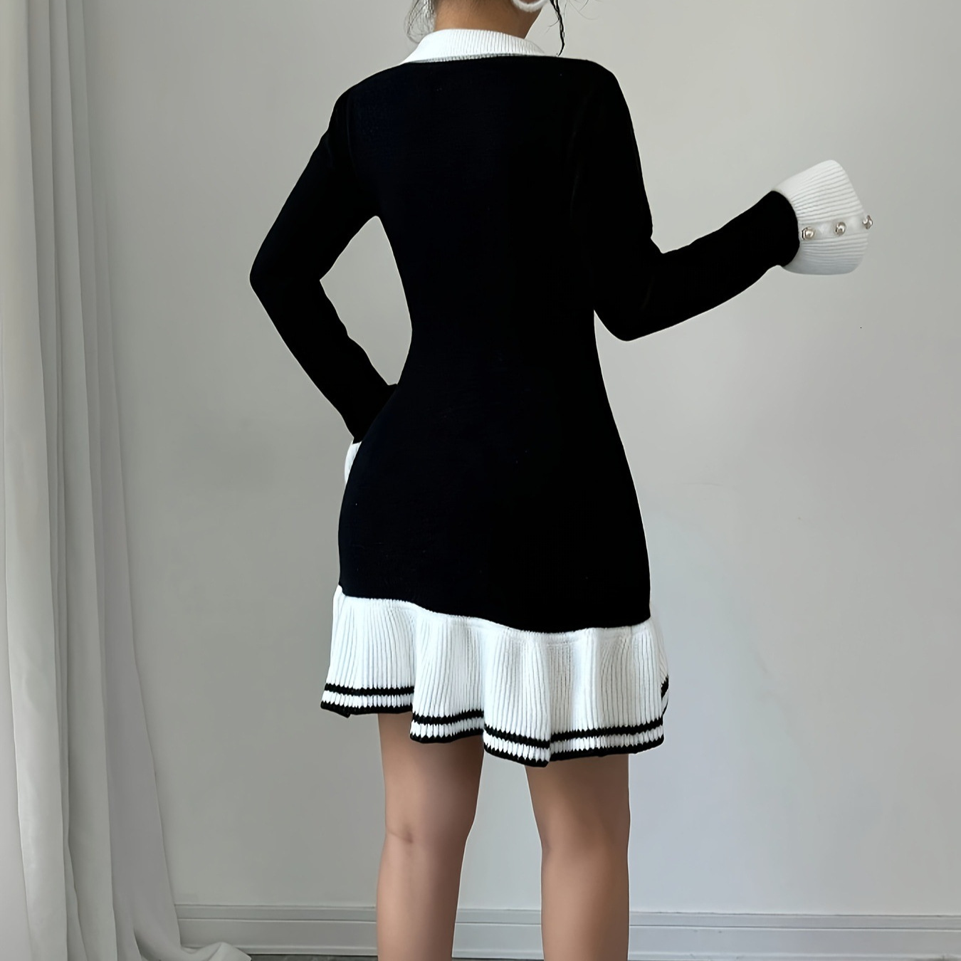 Knitted long sleeved new ruffle edge slim fit V-neck autumn and winter dress with a small fragrance