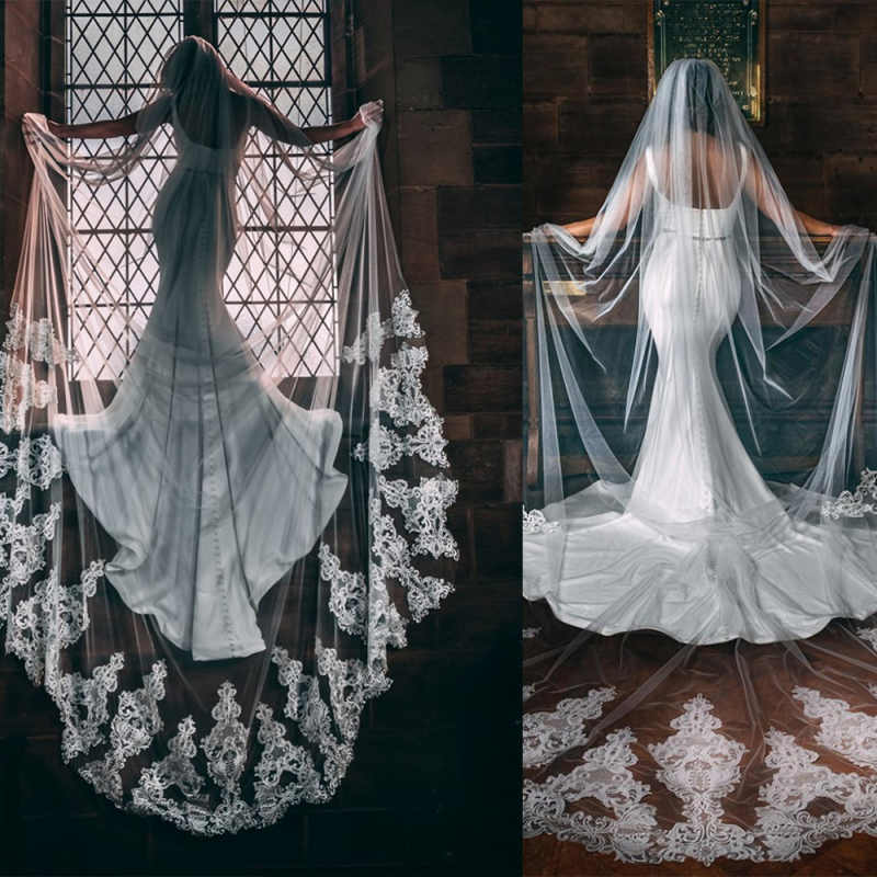 Wedding Veils With Lace Applique Cut Edge Long Cathedral Length One Layer Tulle Custom Made Bridal Veil Accessories