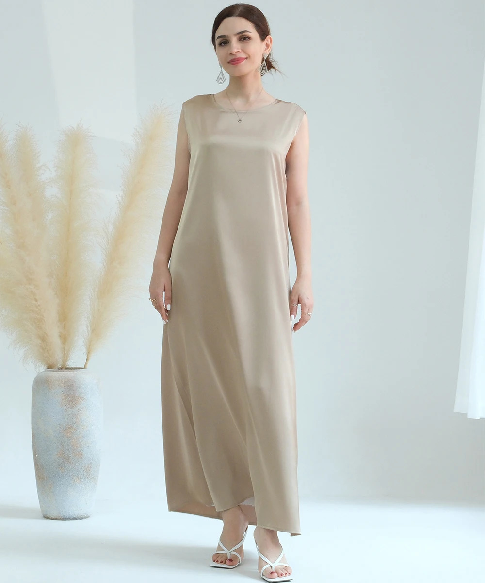 Basic Plain Under Satin Abaya Inner Dress High Quality White Sleeveless Slip Dresses White Plain EID Ramadan Islamic Clothing 250324