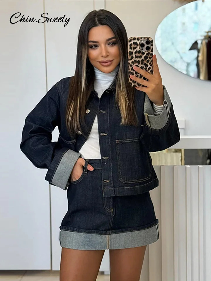 Denim Mini Skirt Women 2 Piece Set Lapel Long Sleeve Button Pocket Jacket A-line Skirts Suit 2025 Spring High Street Outfits 250317