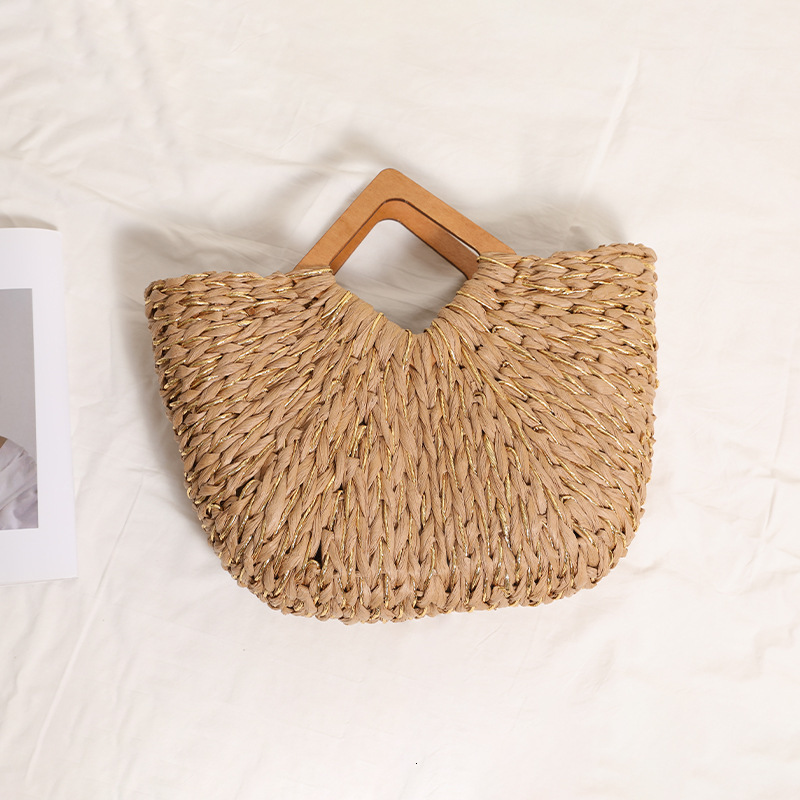 2025S Fashion Designer Diamond Shaped Wooden Semi Circular New Gold Wire Mixed Hand Held Woven Vacation Beach Bag Versatile Women S Bag