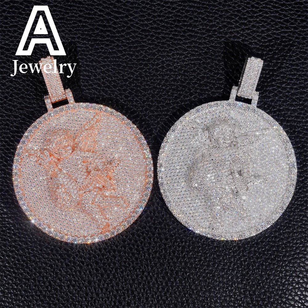 Iced Out Jewelry 3D Design Angel Moissanite Solid Circle Pendant 2.5 inches 925 Hip Hop Rapper Moissanite Pendant