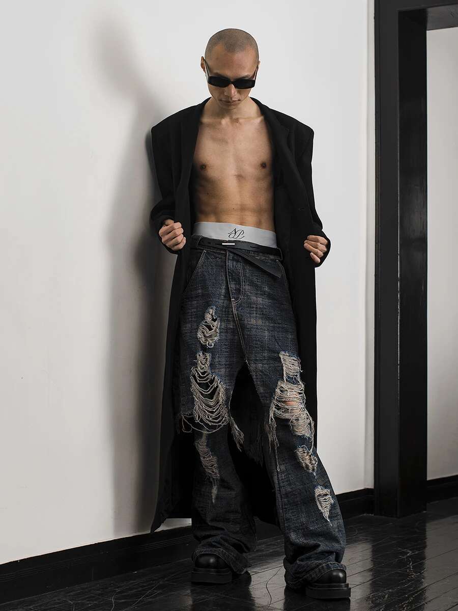 Reddachic Unisex Distressed Baggy Jeans Hip Hop Ripped Holes Wide Leg Raw Rdge Fake Two-Piece Pants Women Retro Y2k Streetwear