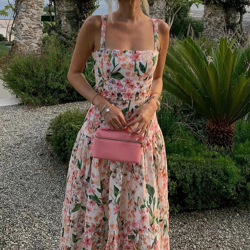 Flower print high waisted long dress summer hollow sleeveless garden party dress sexy shoulder hanging beach dress 250319