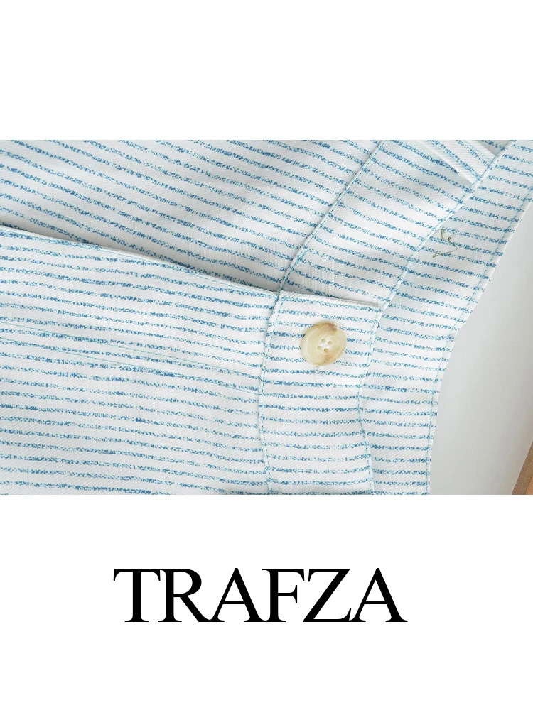 TRAFZA Womens Casual Striped Tank Top Short 2024 Elegant Vneck Single Chest Pocket TopHigh Waist Weight Loss Street Set 250322
