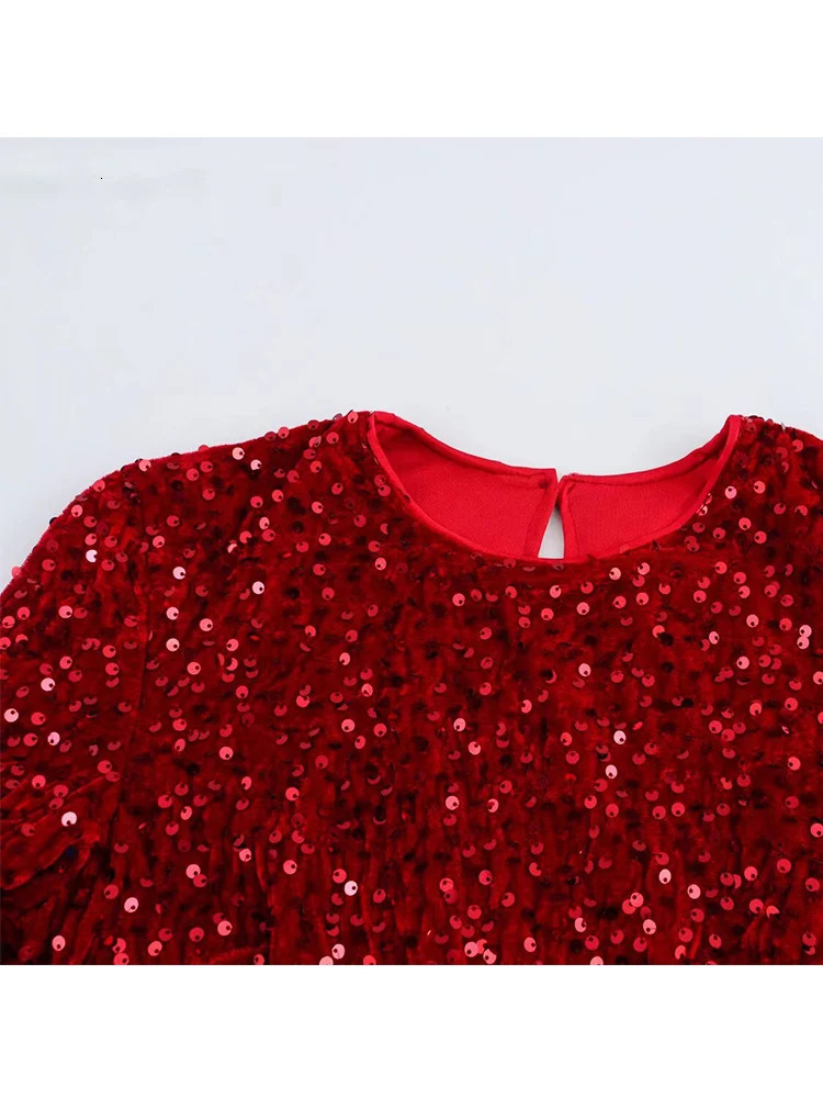 TFMLN Fashion Womens Sparkling Feather Dress Spring Chic Ultra Thin Oneck Long Sleeve Shiny Evening Party Mini 250320