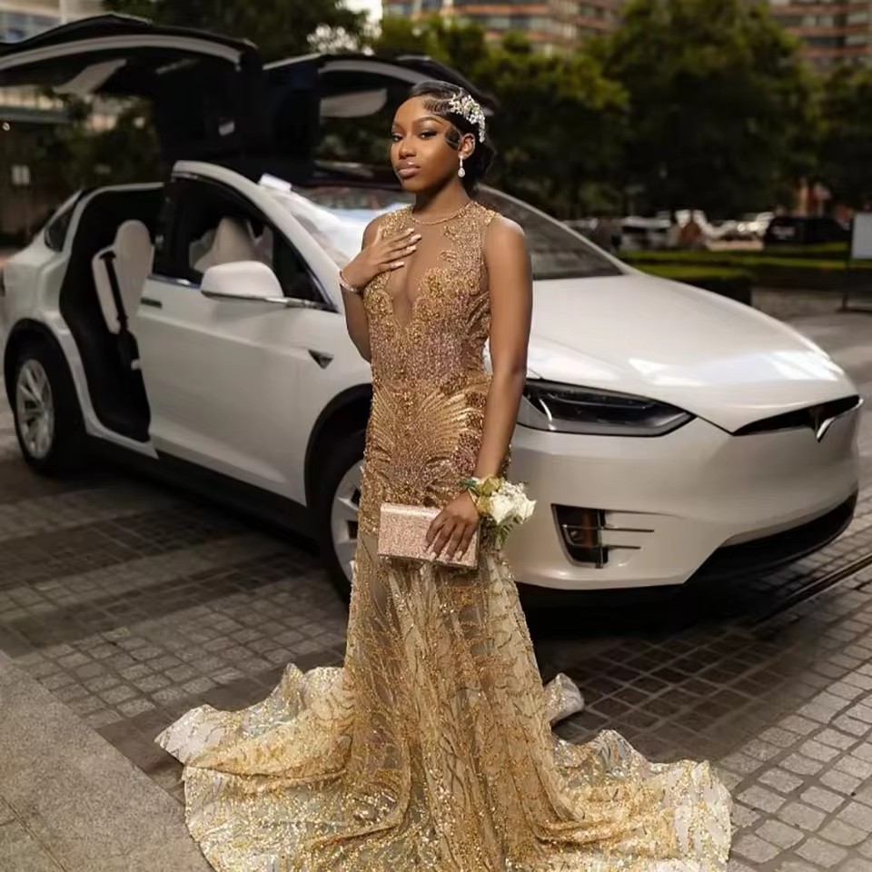 Gliter Rhie Dia Gold Long Mermaid Prom Dresses 2025 Black Girls Sexy Sheer Evening Gown For Birthday Party Customized