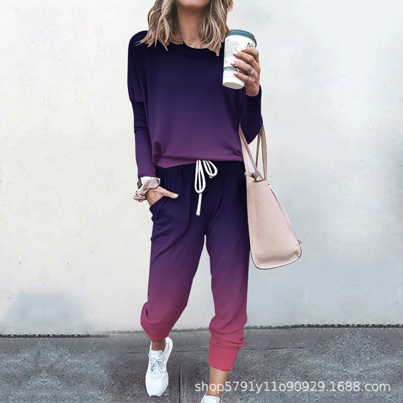 Gradient sweatshirt and pants set, casual long sleeved pullover, round neck sports suit
