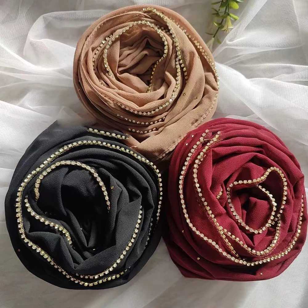 Golden zipper headscarf chiffon rhinestone scarf Arab Fem ordinary bag long shawl X250324