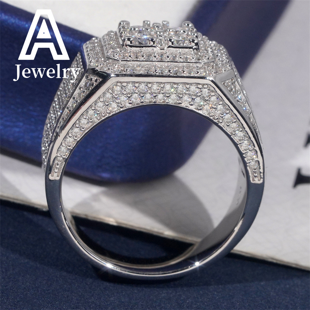 Special Offers Square Moissanite Engagement Ring Shimmering Hip Hop Jewelry Silver Mens Ring with GRA Certificate