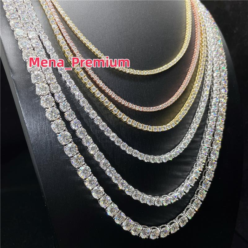 2-6.5MM Width Full Size Diamonds Tennis Chain Hip Hop S925 Sterling Silver VVS Moissanite Diamond Gold Tennis Chains for Men
