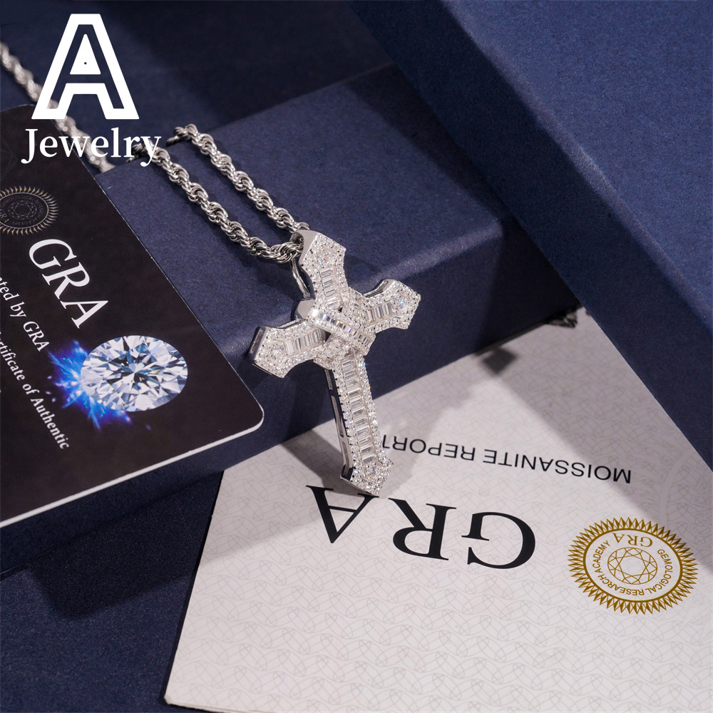 New Style Hip Hop iced out Cross Pendant 925 Silver Baguette VVS Moissanite Cross Charm Pendants