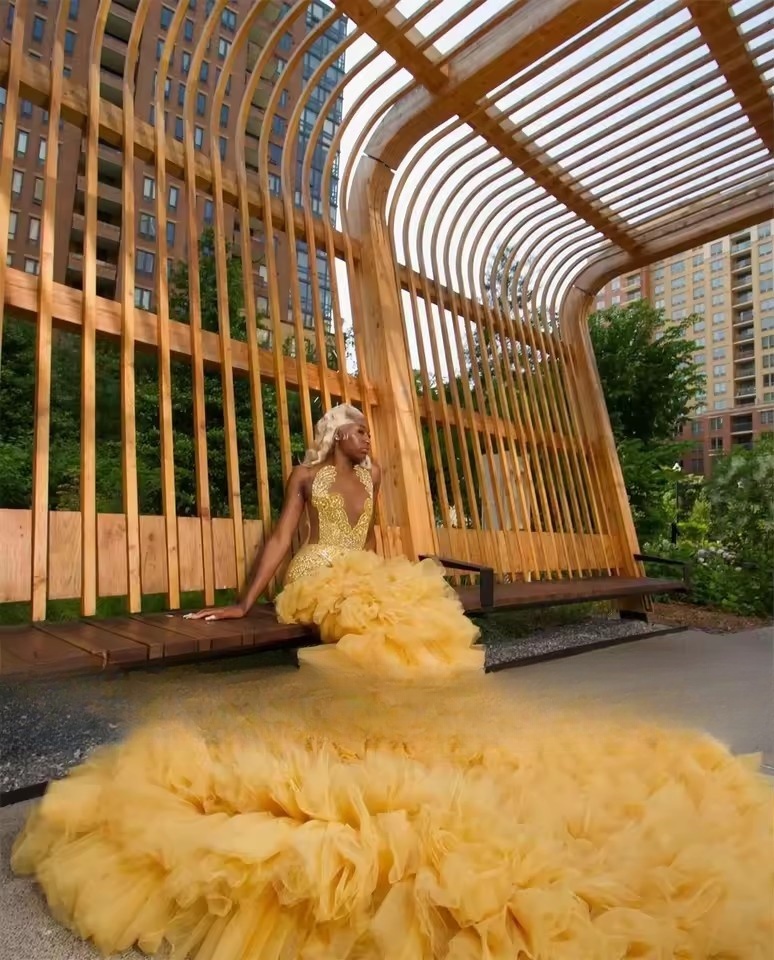 Gold Beaded Crystal Tulle Ruched Train Prom Dresses For Black Girls Mermaid Ladies Dress Special Birthday Party GOwns Customized