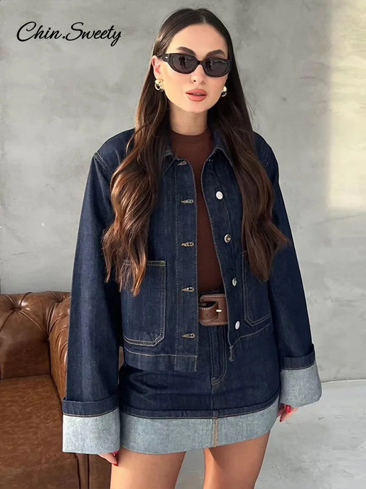 Denim Mini Skirt Women 2 Piece Set Lapel Long Sleeve Button Pocket Jacket A-line Skirts Suit 2025 Spring High Street Outfits 250317