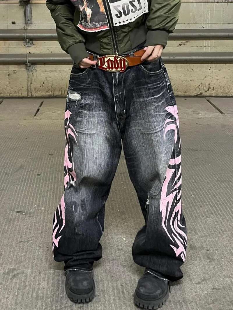 American New Fashion Vintage Plus Size Washed Blade Print Baggy Jeans Ladies Y2k Streetwear Slim High Waist Wide Leg Drop Pants