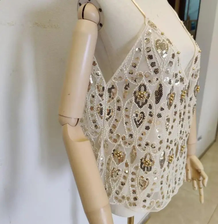 Bling Sequined Tanks Tops Women Sexy Bead Work Mesh Tops Women Pink Sequined Tanks Femme Gold Tops 250324