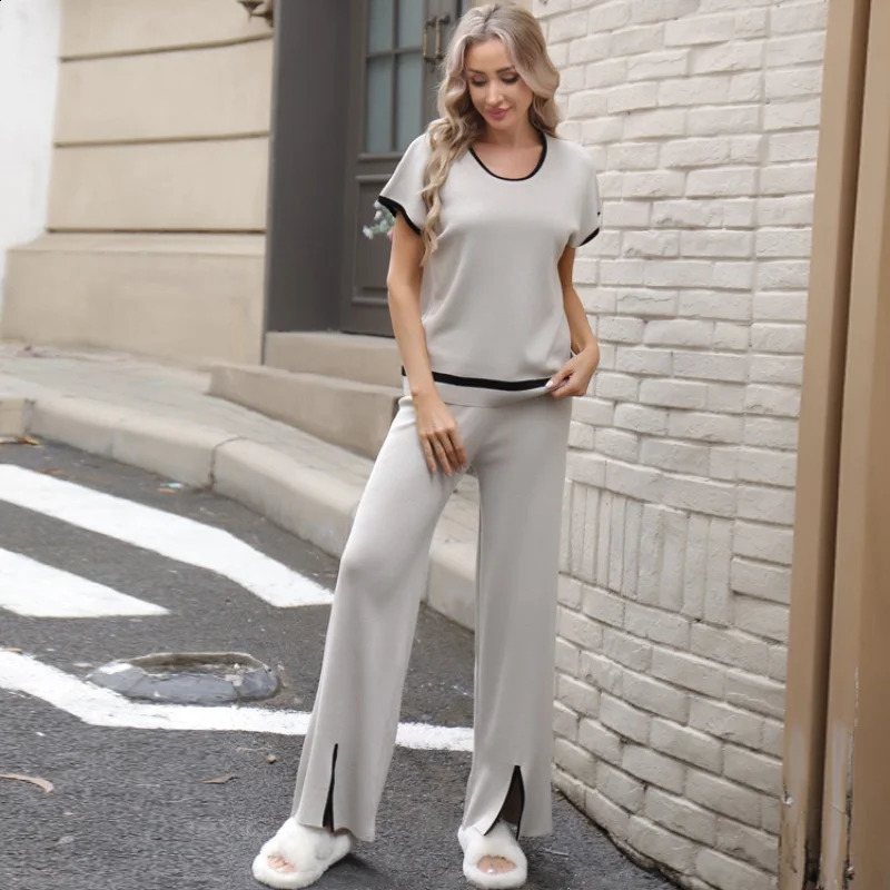 Womens Outfit Casual Chic Ladys Wide Leg Pant Set O-Neck Short Sleeve Top Loose Knitted Sweater Matching Pullover Trousers 250324