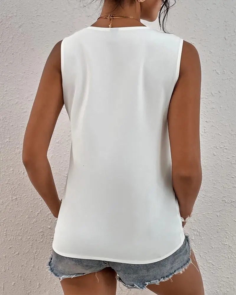 Sleeveless V-neck lace workwear womens loose hollow summer T-shirt casual streetwear Tsnk top 250318